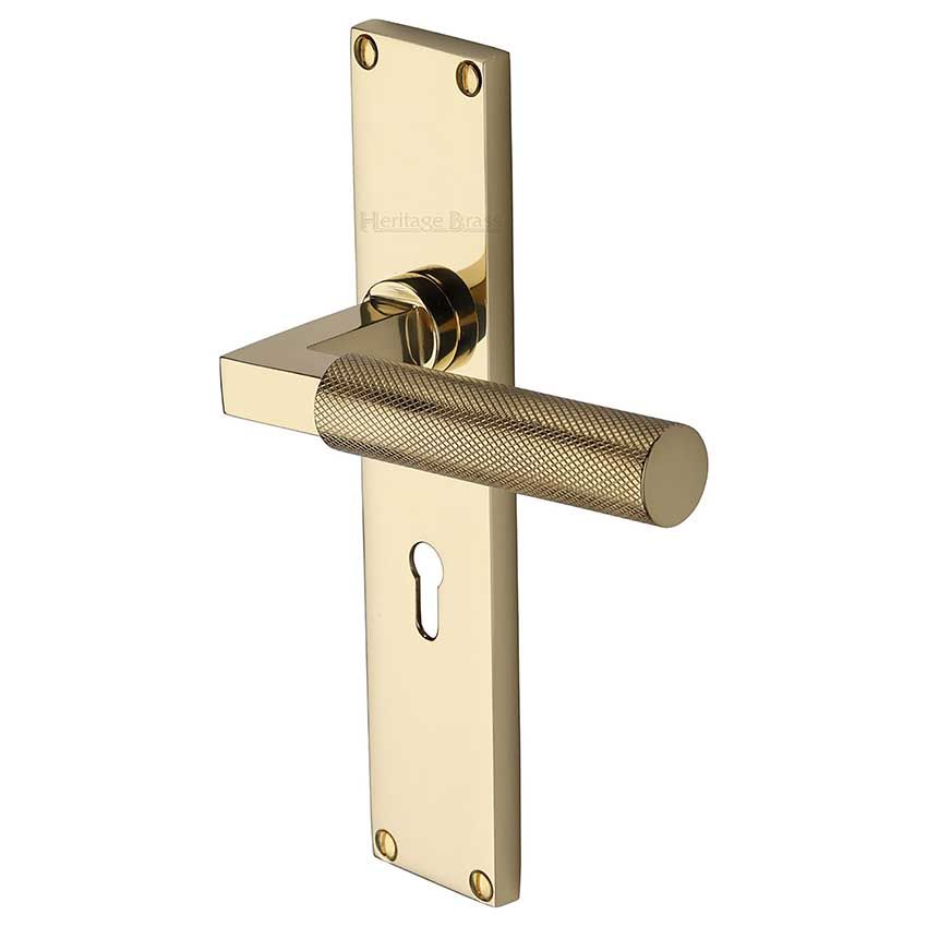 Picture of Bauhaus Knurled Lock Door Handles In Polished Brass Finish - VT9300-PB