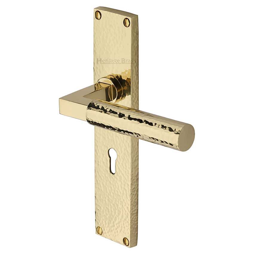 Picture of Bauhaus Hammered Lock Door Handles In Polished Brass Finish - VTH4300-PB