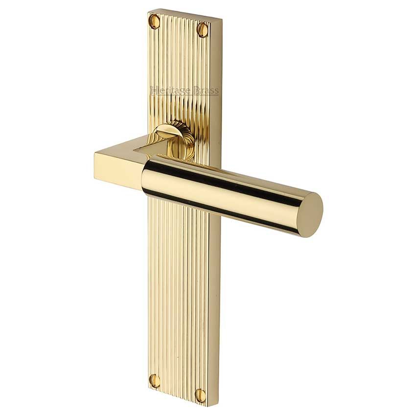 Picture of Bauhaus Reeded Backplate Door Handles In Polished Brass Finish - RR7310-PB-GP