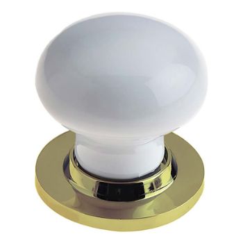 White Porcelain Mortice Door Knob on a Polished Brass Rose  - JC10+JC80RPVD Picture of White Porcelain Mortice Door Knob on a Polished Brass Rose  - JC10+JC80RPVD