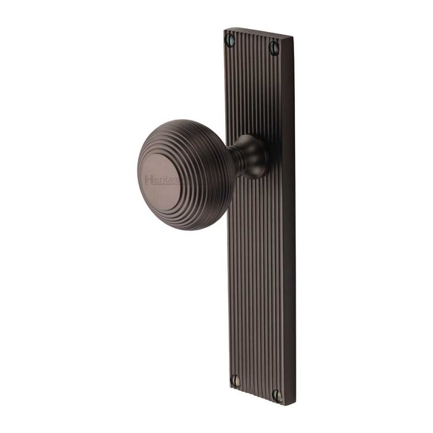 Picture of Beehive Reeded Mortice Knob On A Plate  In Matt Bronze - V9510-MB