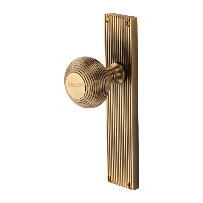 Picture of Beehive Reeded Mortice Knob On A Plate  In Antique Brass - V9510-AT