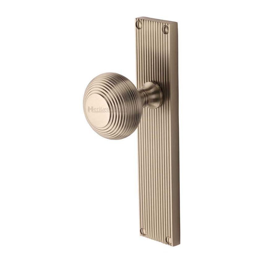 Picture of Beehive Reeded Mortice Knob On A Plate In Satin Nickel - V9510-SN
