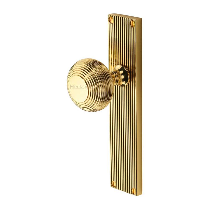 Picture of Beehive Reeded Mortice Knob On A Plate In Polished Brass - V9510-PB