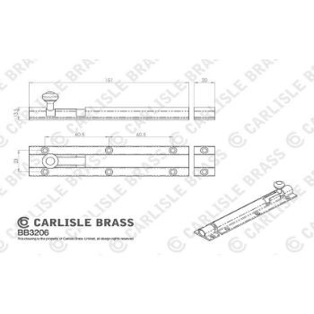 Drawing of Door Bolt 6" in Polished Chrome Finish - BB3806CP