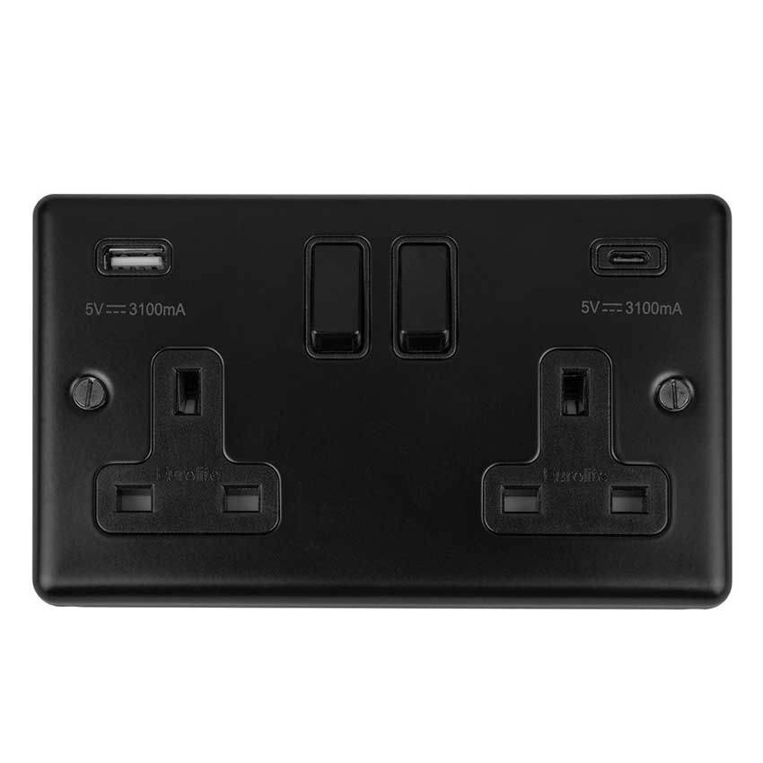 Picture of 2 Gang 13Amp Switched Socket With 3.1Amp Usb Outlet. Matt Black With Black Trim And Matching Rockers - EN2USBCMBB