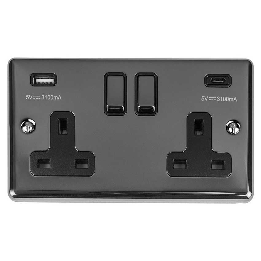 Picture of 2 Gang 13Amp Switched Socket With 3.1Amp USB C Outlet. Black Nickel With Black Trim And Matching Rockers - EN2USBCBNB
