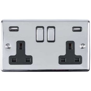 Picture of 2 Gang 13Amp Switched Socket With 2 x 3.1 Amp USB Outlets In Polished Chrome - EN2USBPCB