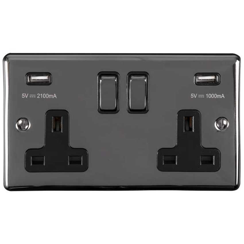 Picture of 2 Gang 13Amp Switched Socket With 2 x 3.1 Amp Usb Outlets In Black Nickel - EN2USBBNB