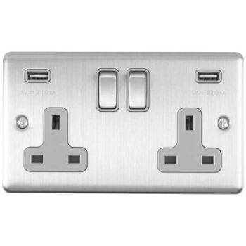 Picture of 2 Gang 13Amp Switched Double Socket With 2 x 3.1 Amp USB Outlets In Satin Stainless Steel - EN2USBSSB