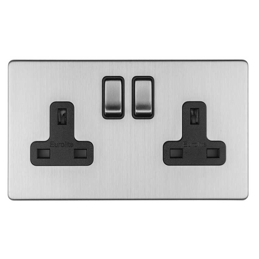 Picture of 2 Gang 13Amp Dp Switched Socket In Satin Stainless Steel With Black Trim - ECSS2SOB