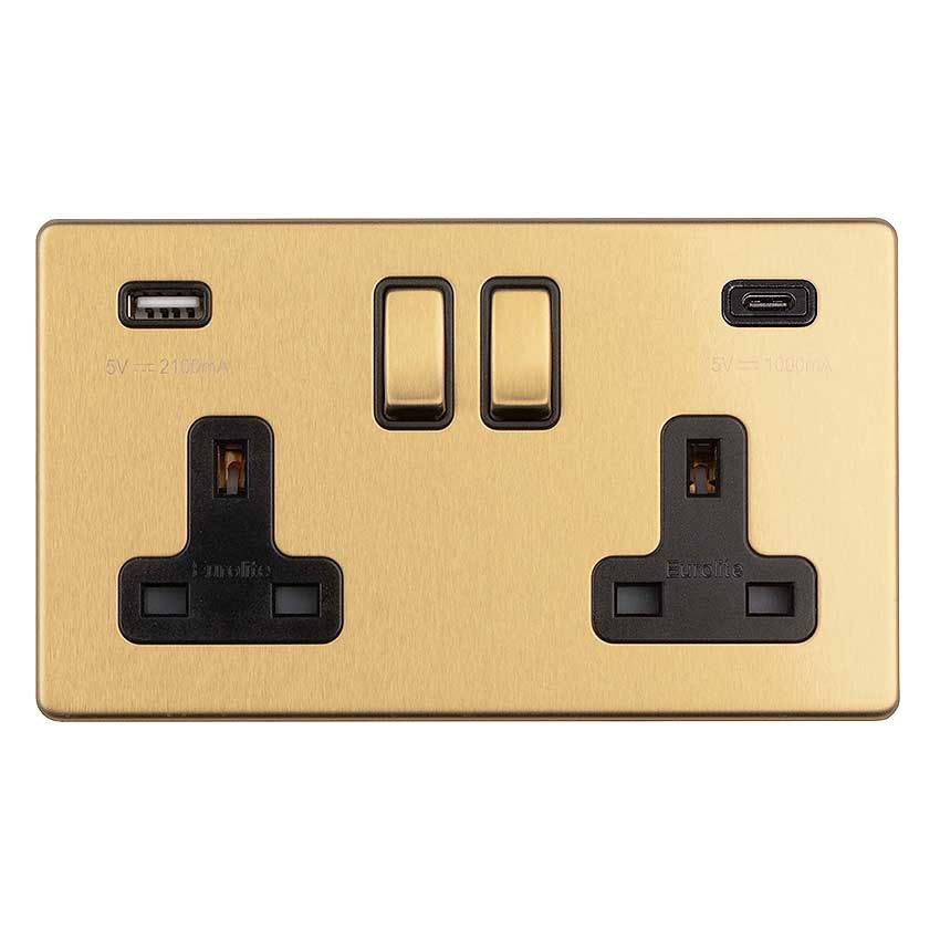 Picture of 2 Gang 13Amp Switched Socket With 2.1Amp Usb Outlet in Satin Brass.  - ECSB2USBCB