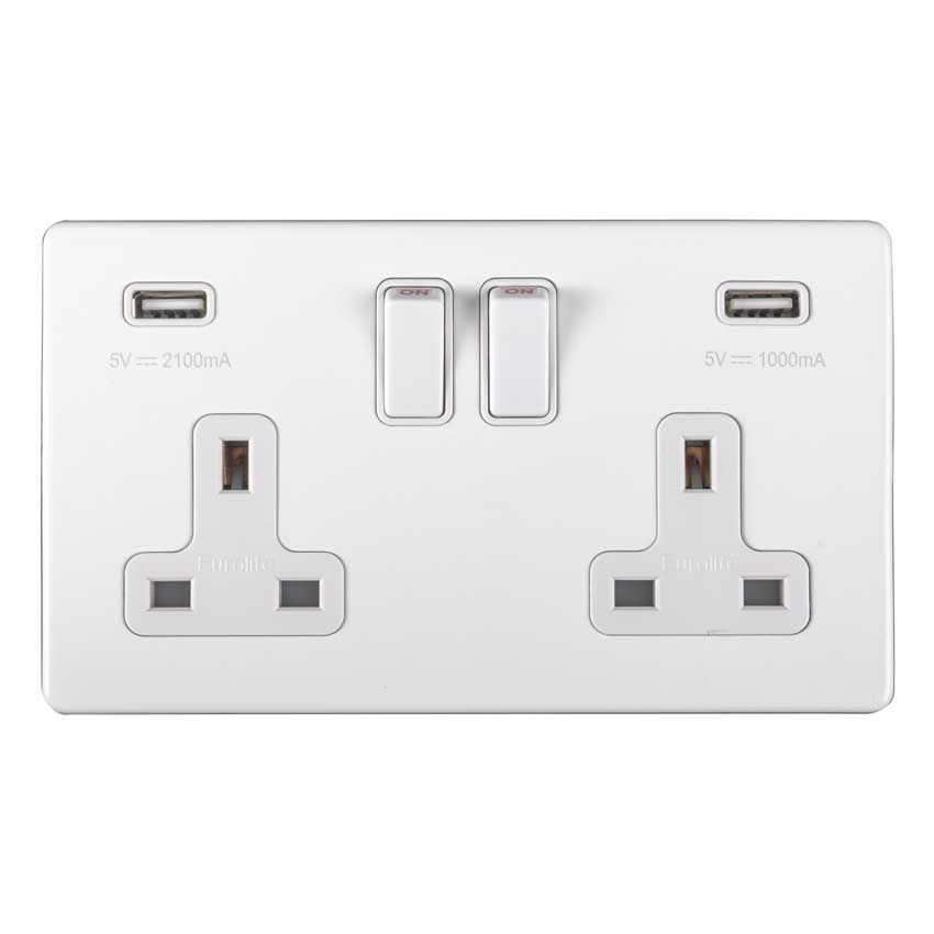 Picture of 2 Gang 13Amp Dp Switched Socket With Combined 3.1 Amp Usb Outlets Flat Concealed White Plate White Rockers - ECW2USBW