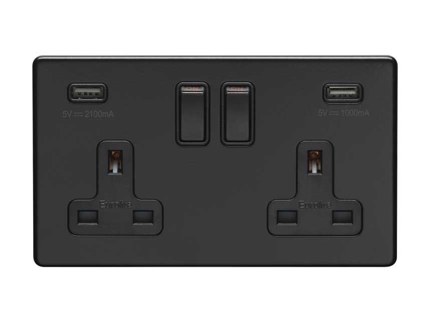 Picture of 2 Gang 13Amp Dp Switched Socket With Combined 3.1 Amp Usb Outlets In Matt Black - ECMB2USBB