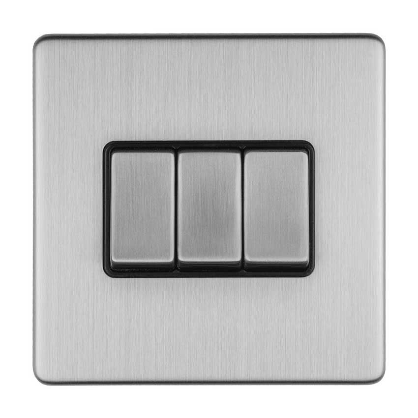Picture of 3 Gang Switch In Satin Stainless Steel With Black Trim - ECSS3SWB