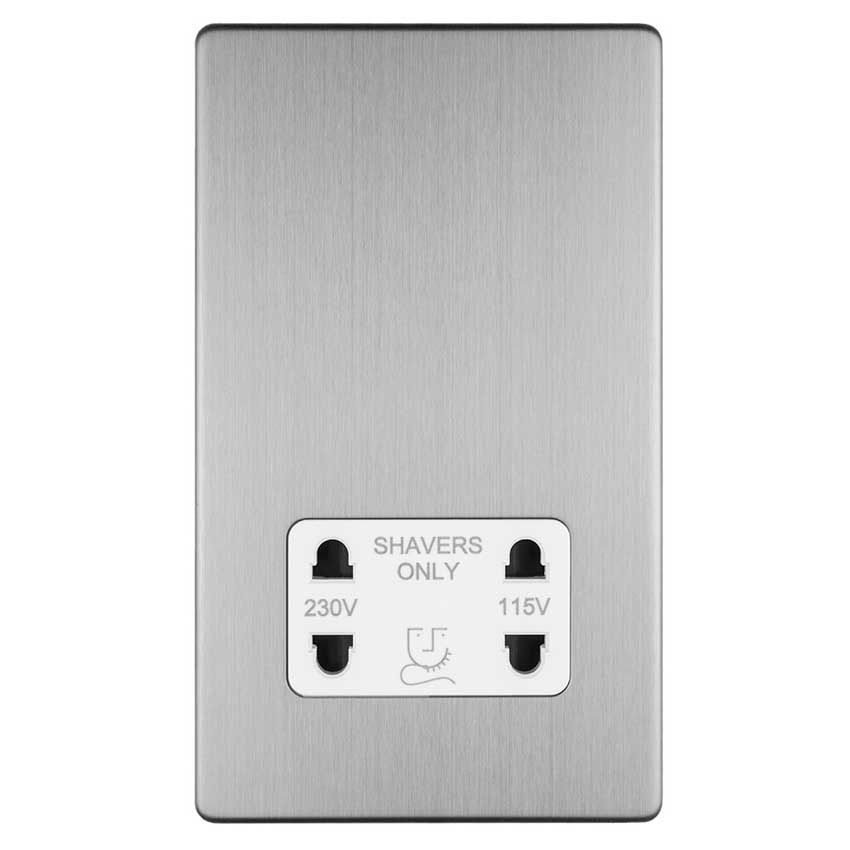 Picture of 2 Gang Shaver Socket 230/115V Flat In Satin Stainless Steel With White Trim - ECSSSHSW
