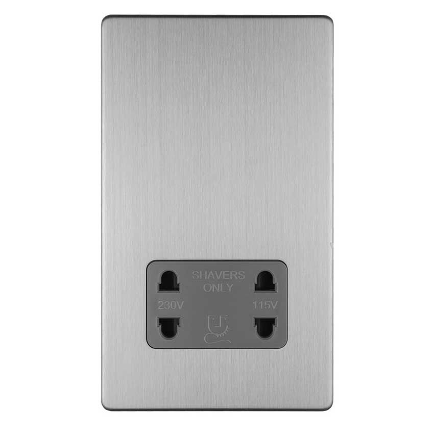 Picture of 2 Gang Shaver Socket 230/115V In Satin Stainless Steel With Grey Trim  - ECSSSHSG