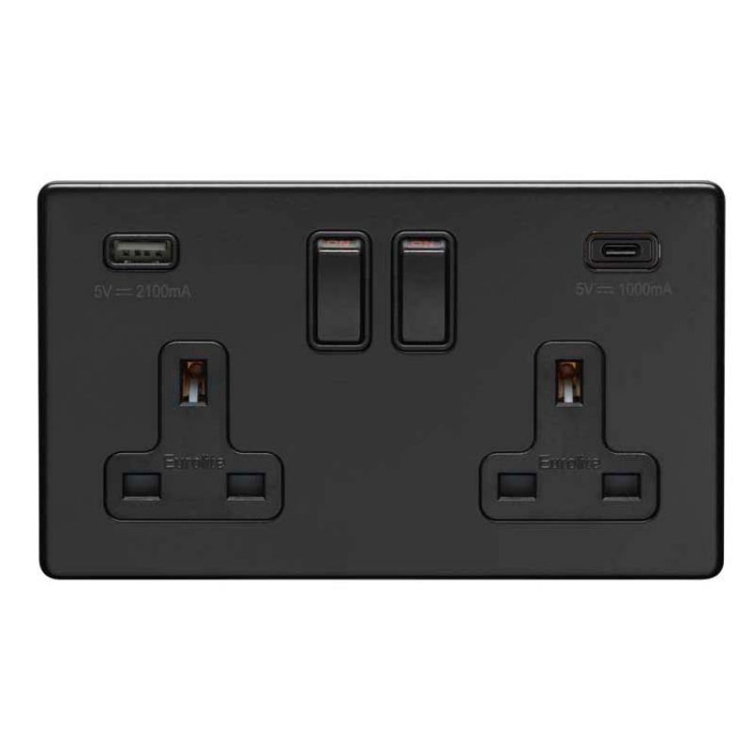 Picture of 2 Gang 13Amp Switched Socket With 2.1Amp Usb Outlet in Matt Black - ECMB2USBCB