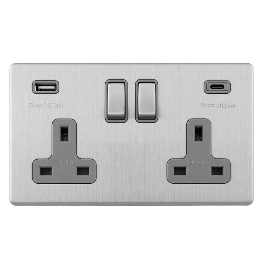 Picture of 2 Gang 13Amp Switched Socket With 2.1Amp Usb Outlet In Satin Stainless Steel With Grey Trim - ECSS2USBCG