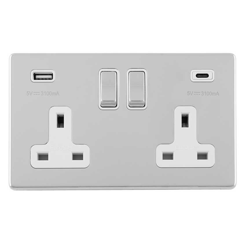 Picture of 2 Gang 13Amp Switched Socket With 2.1Amp Usb Outlet in Polished Chrome - ECPC2USBCW