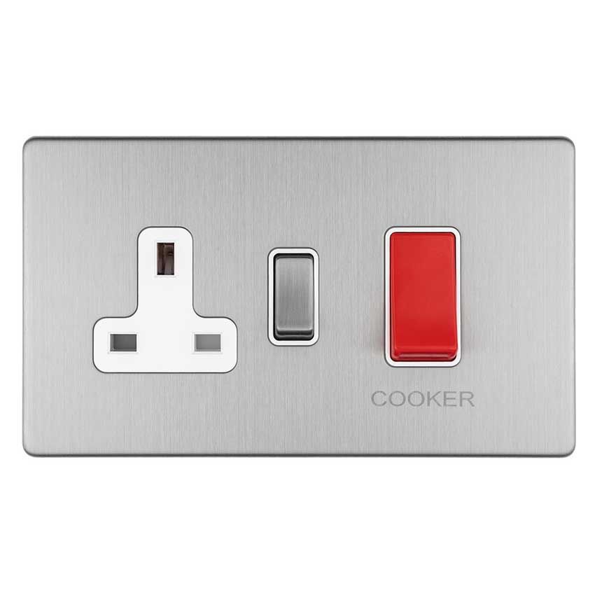 Picture of 45Amp Dp Cooker Switch With 13Amp Socket In Satin Stainless Steel With White Trim -  ECSS45ASWASW