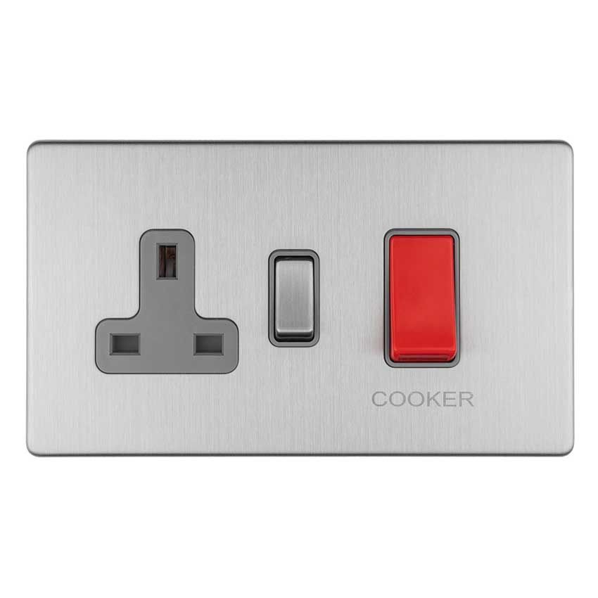 Picture of 45Amp Dp Cooker Switch With 13Amp Socket Satin Stainless Steel With Grey Trim - ECSS45ASWASG