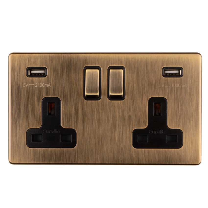 Picture of 2 Gang 13Amp Switched Socket With Combined 3.1 Amp Usb Outlet In Antique Brass - AB2USBB