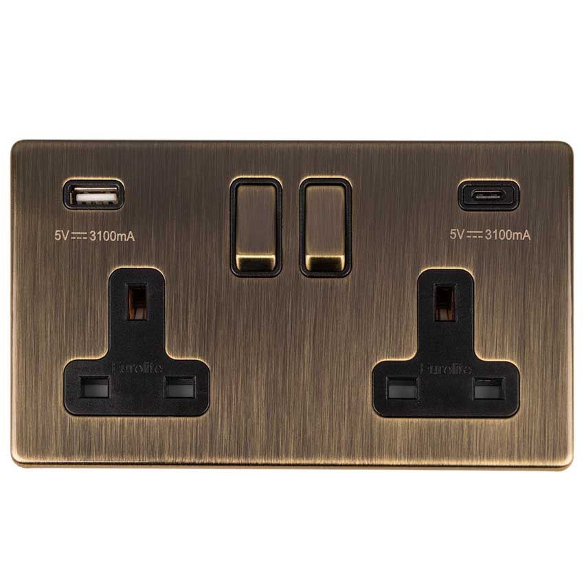 Picture of 2 Gang 13Amp Switched Socket With 2.1Amp Usb Outlet in Antique Brass - AB2USBCB