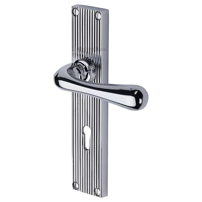Picture of Charlbury Reeded Backplate Lock Door Handles In Polished Chrome Finish - RR3000-PC-EXT