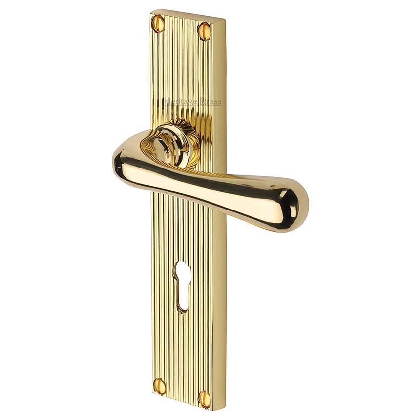 Picture of Charlbury Reeded Backplate Lock Door Handles In Polished Brass Finish - RR3000-PB-EXT
