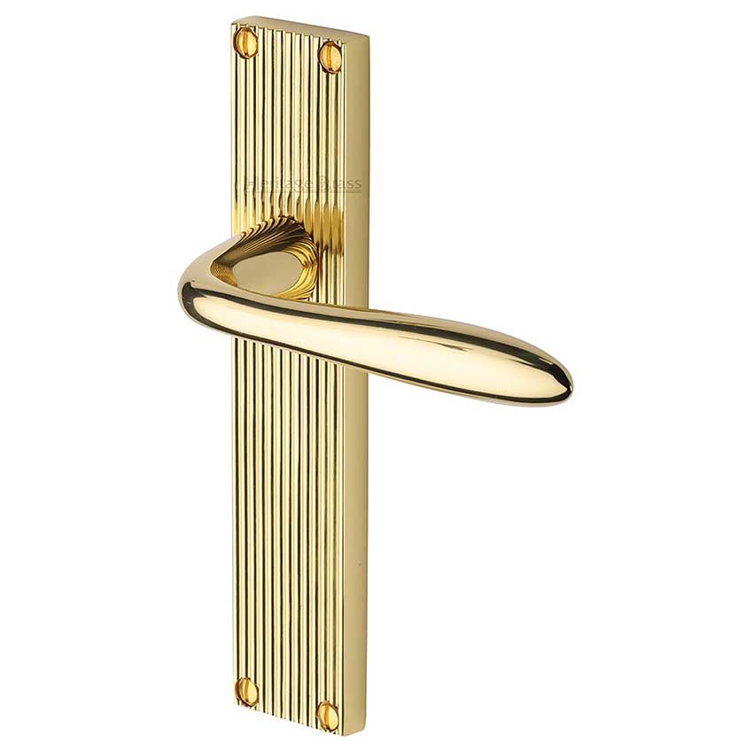 Picture of Sutton Reeded Backplate Door Handles In Polished Brass Finish - RR5010-PB-GP