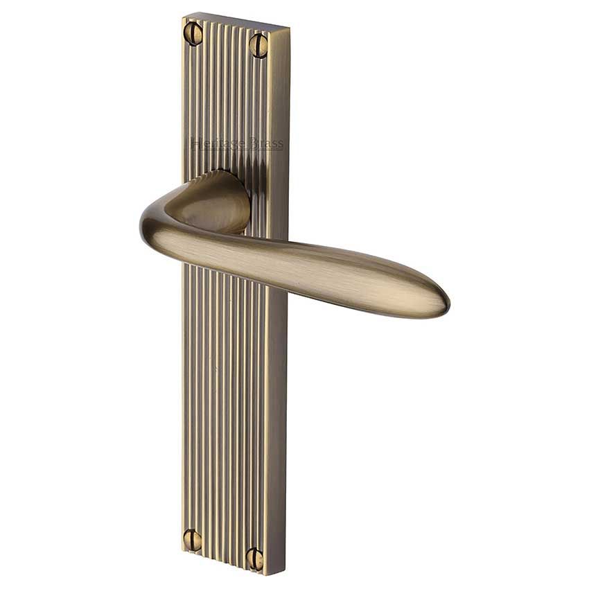 Picture of Sutton Reeded Backplate Latch Door Handles In Antique Brass Finish - RR5010-AT-GP