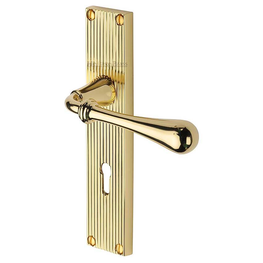 Picture of Roma Reeded Backplate Lock Door Handles In Polished Brass Finish - RR6000-PB-EXT