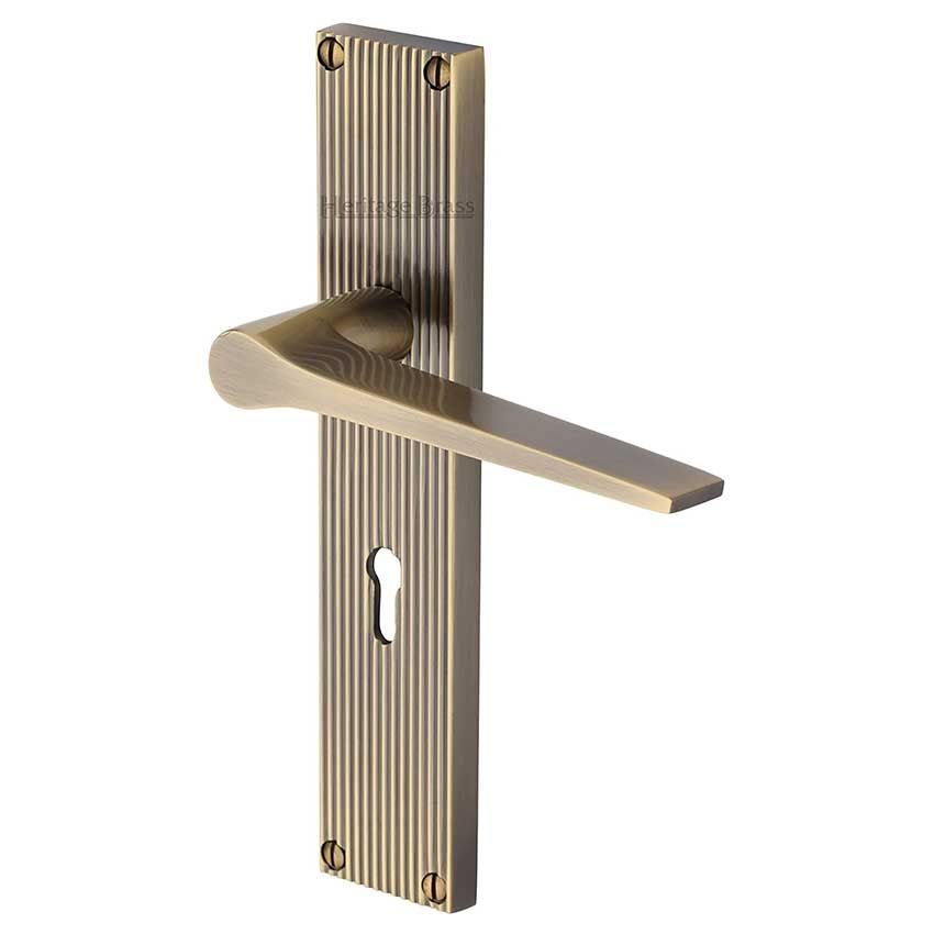 Picture of Gio Reeded Backplate Lock Door Handles In Antique Brass Finish - RR4700-AT-EXT
