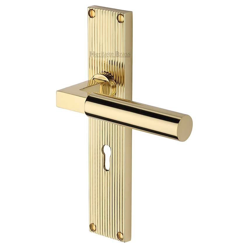 Picture of Bauhaus Reeded Backplate Lock Door Handles In Polished Brass Finish - RR7300-PB-EXT