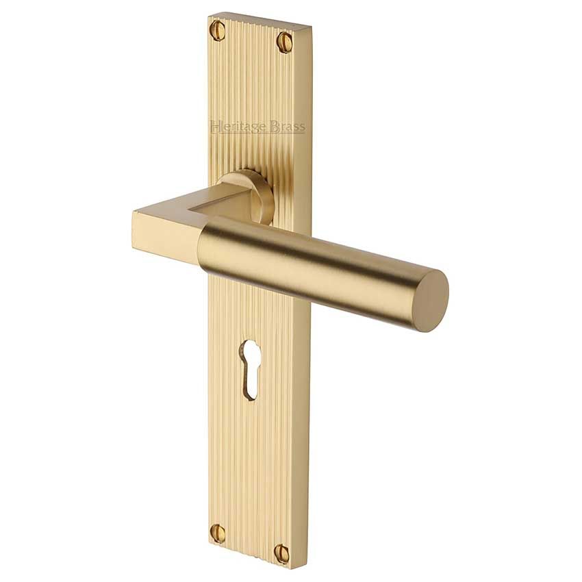 Picture of Bauhaus Reeded Backplate Lock Door Handles In Satin Brass Finish - RR7300-SB-EXT