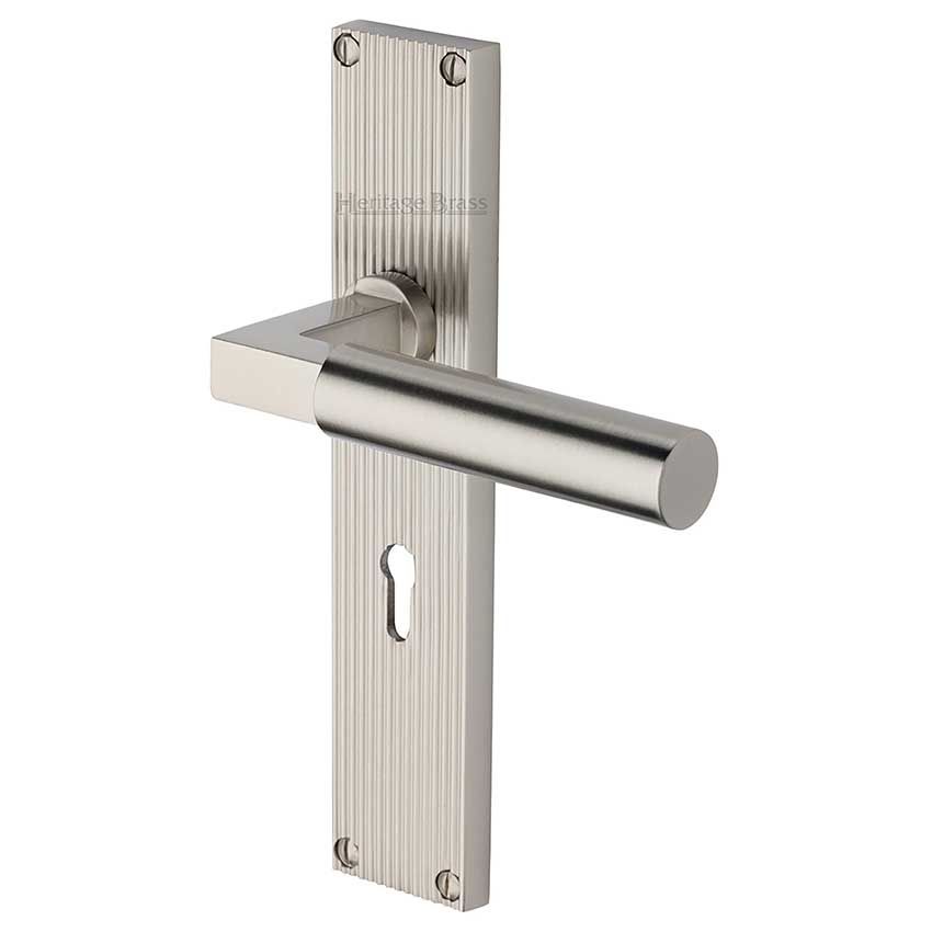 Picture of Bauhaus Reeded Backplate Lock Door Handles In Satin Nickel Finish - RR7300-SN-EXT