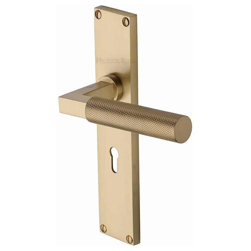 Picture of Bauhaus Knurled Lock Door Handles In Satin Brass Finish - VT9300-SB