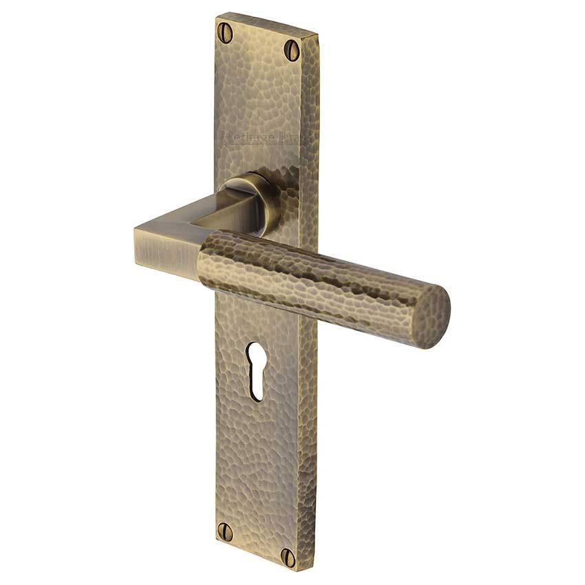 Picture of Bauhaus Hammered Lock Door Handles In Antique Brass Finish - VTH4300-AT