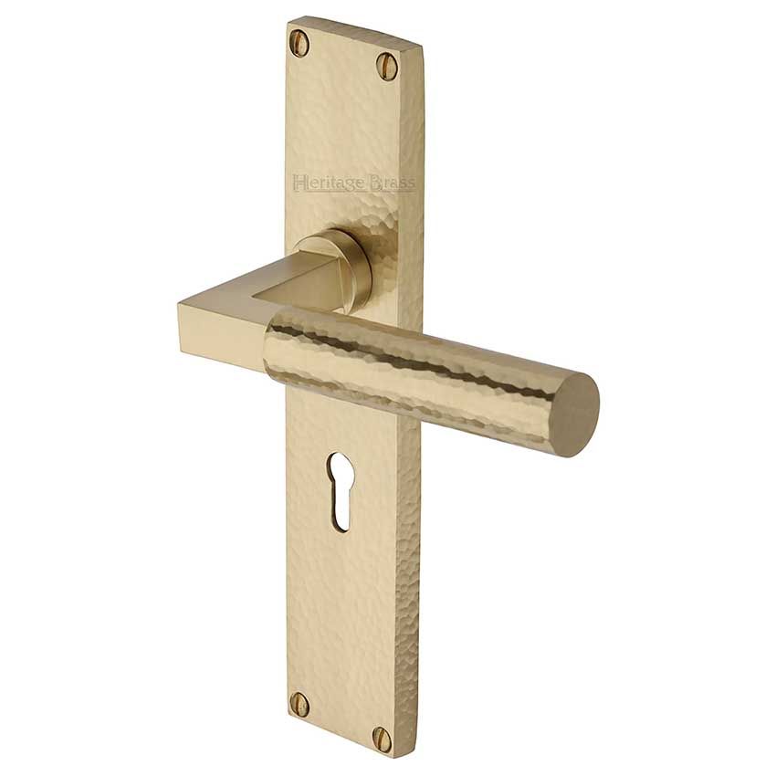 Picture of Bauhaus Hammered Lock Door Handles In Satin Brass Finish - VTH4300-SB