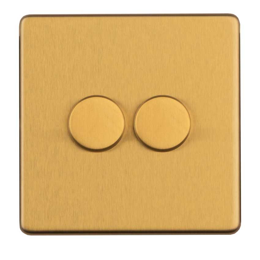 Picture of 2 Gang 400W Push On Off 2Way Dimmer Flat Concealed Satin Brass Plate Matching Knob - ECSB2DLED 