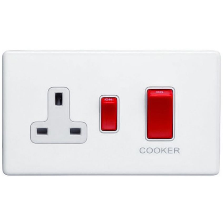 Picture of 45Amp Dp Cooker Switch With 13Amp Socket Flat Concealed White Plate White Rockers - ECW45ASWASW