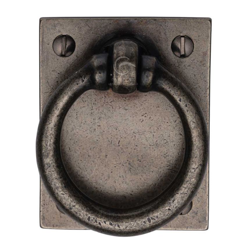 Picture of Rustic Pewter Cabinet Ring Drop Pull on a Plate - RPW6367