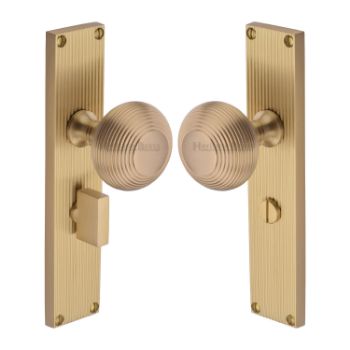 Picture of Beehive Reeded Mortice Knob On A Plate In Satin Brass - V9510-SB