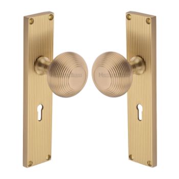 Picture of Beehive Reeded Mortice Knob On A Plate In Satin Brass - V9510-SB