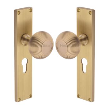 Picture of Beehive Reeded Mortice Knob On A Plate In Satin Brass - V9510-SB